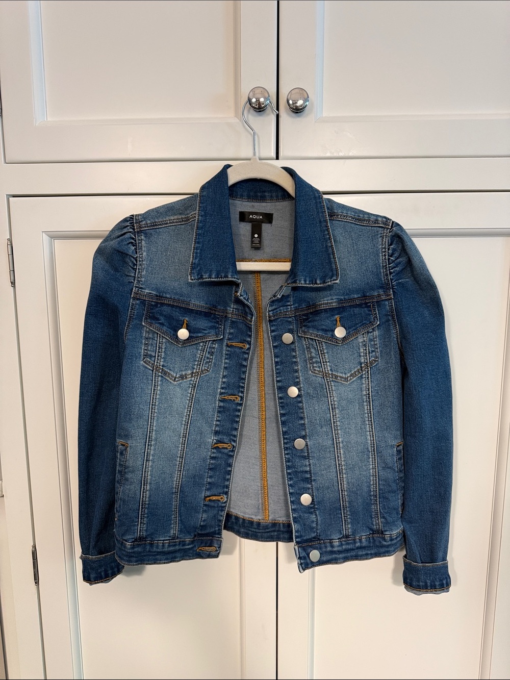 Aqua Medium Blue Puff-Sleeve Denim Jacket